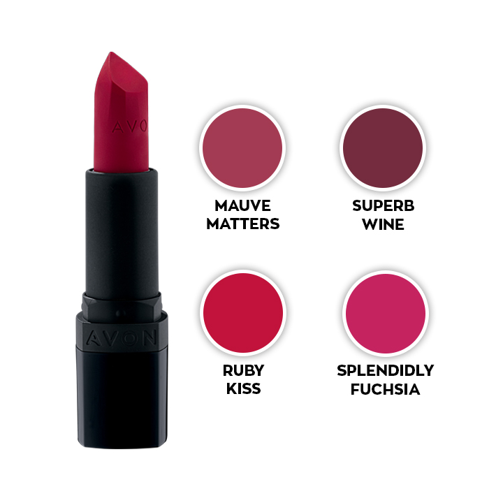 Experience bold color with a soft, velvety finish with the Avon Ultra Perfectly Matte Lipstick—Avon’s most comfortable matte yet. Infused with a lightweight, non-drying formula, it glides on smoothly and stays put without caking or cracking. Whether you’re going for a natural look or a striking statement, choose from four stunning shades: Mauve Matters for a soft, everyday hue, Ruby Kiss for a classic bold red, Superb Wine for a deep, elegant tone, and Splendidly Fuchsia for a vibrant pop of pink. Rich color, smooth texture, and all-day comfort—perfect lips in just one swipe.